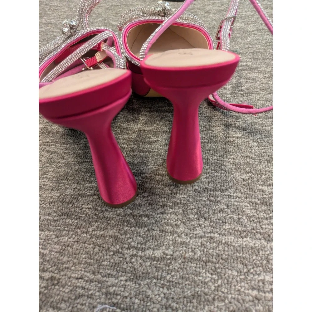 Jenn Ardor Platform Heels‎ Women's 10M Hot Pink Rhinestone Bow Satin Flared Heel